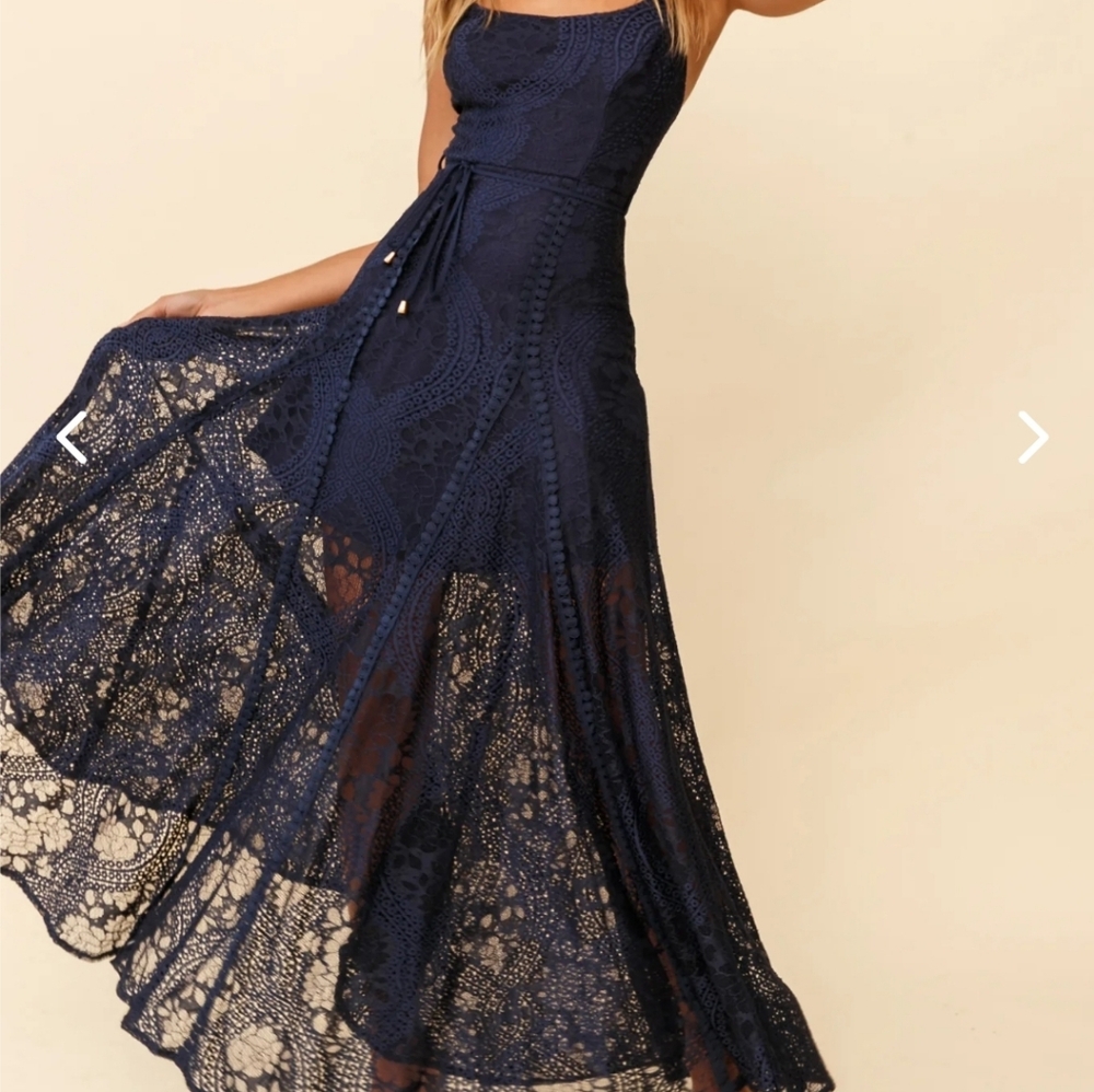Selfie Leslie Palm Springs Lace Overlay Maxi Navy Dress